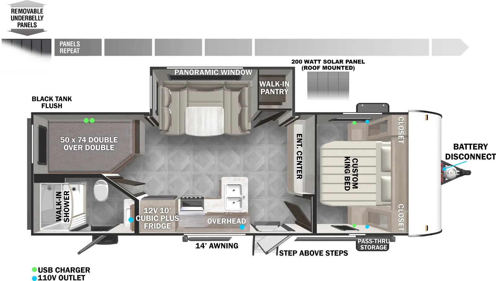 The 2410RLX has one slideout and two entries. Exterior features battery disconnect, front pass through storage, StepAbove main entry steps, 14 foot awning, black tank flush, removable underbelly panels, and roof-mounted 200W solar panels. Interior layout front to back: foot-facing custom king bed with closets on each side; entertainment center along inner wall; off-door side slideout with walk-in pantry, and u-dinette with panoramic window; door side entry, peninsula kitchen counter with sink wraps to door side with overhead cabinet, cooktop, and 12V refrigerator; rear off-door side double over double bunk beds; rear door side full bathroom with walk-in shower and second entry.